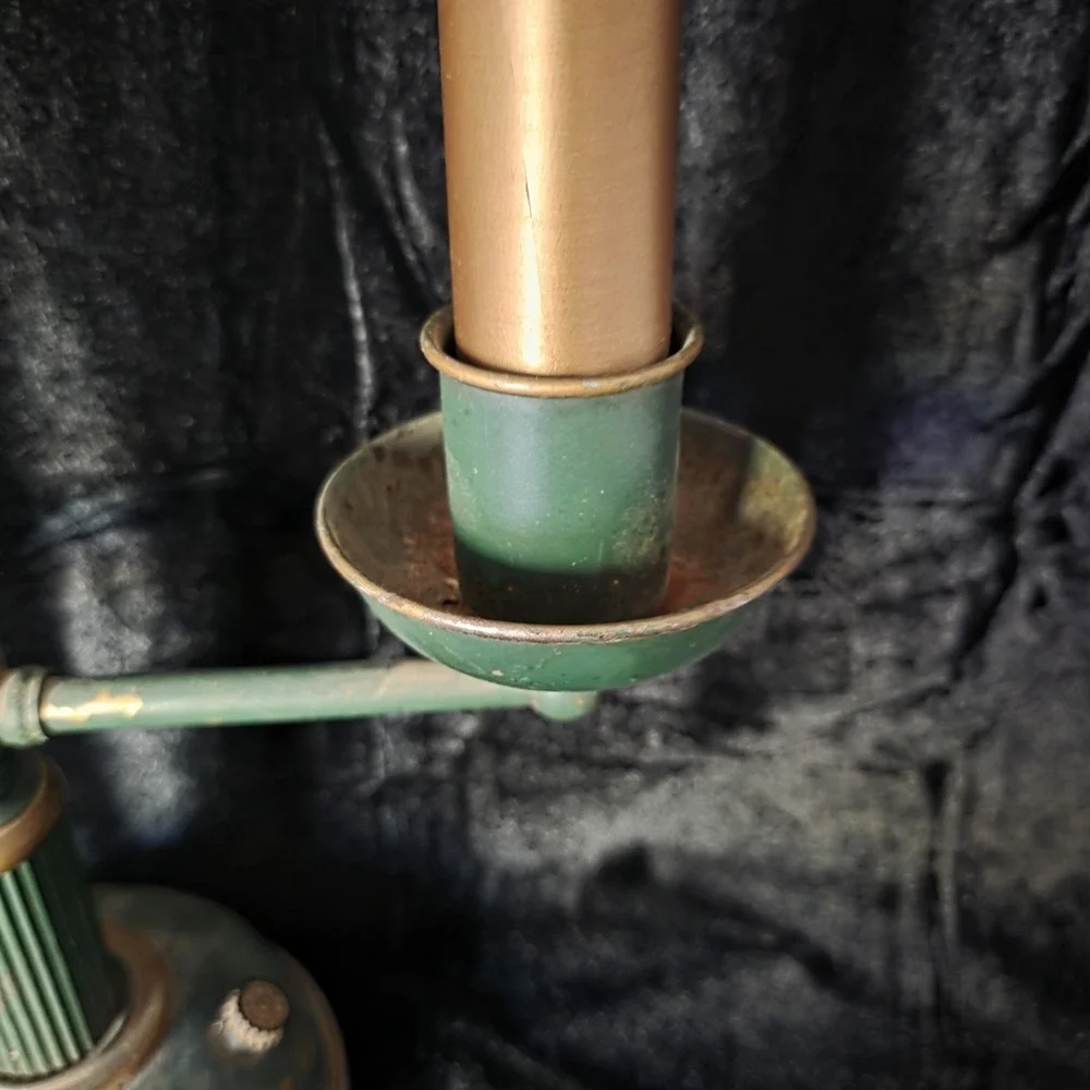 VTG Toleware Bouillotte-style Green 3-way lamp, 2 Arm w Shades. Mix of Old & New